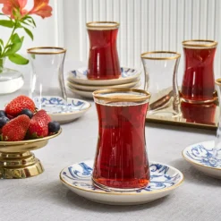 Karaca Teegläser Sets-Mare 12-teiliges Glas-Türkisches Tee-Set für 6 Personen, 170 ml, Transparent Blau01