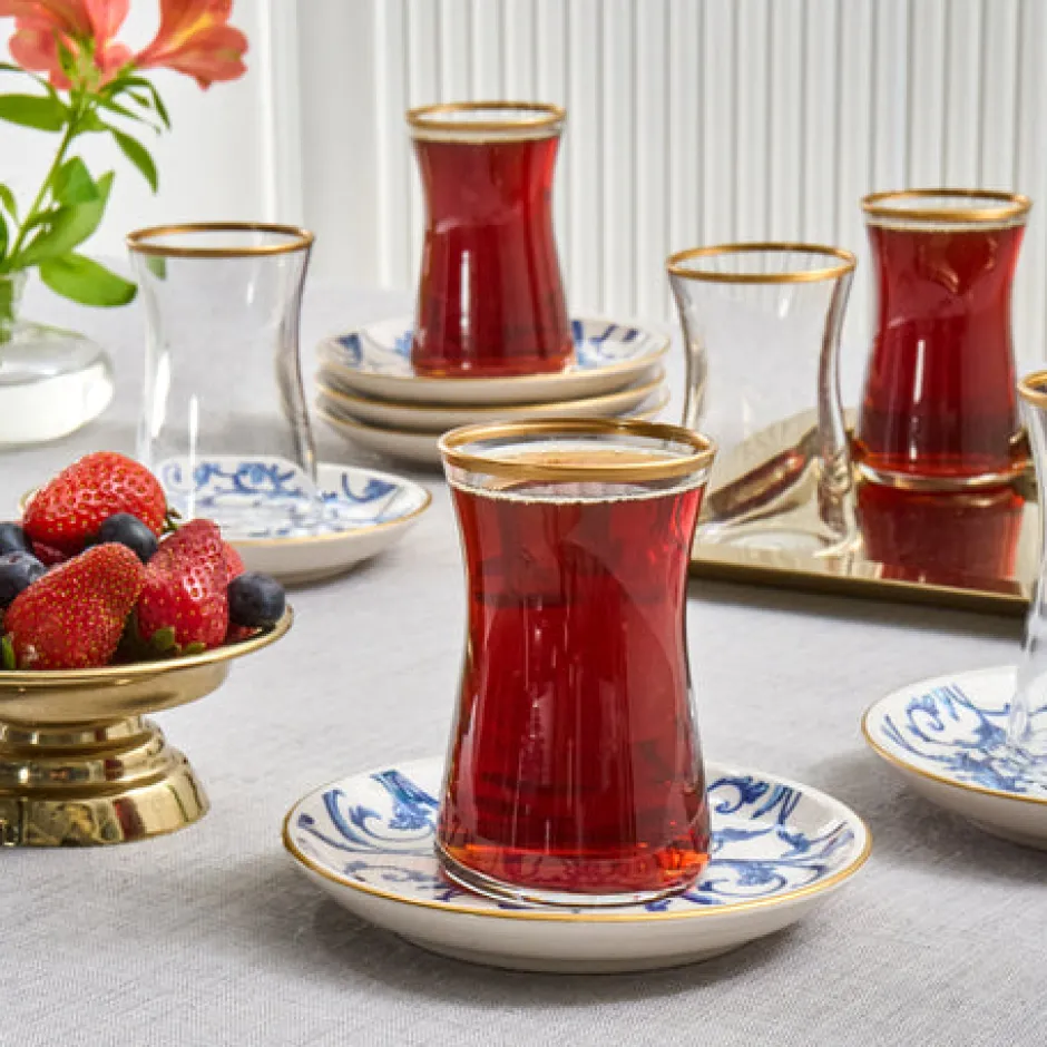 Karaca Teegläser Sets-Mare 12-teiliges Glas-Türkisches Tee-Set für 6 Personen, 170 ml, Transparent Blau01