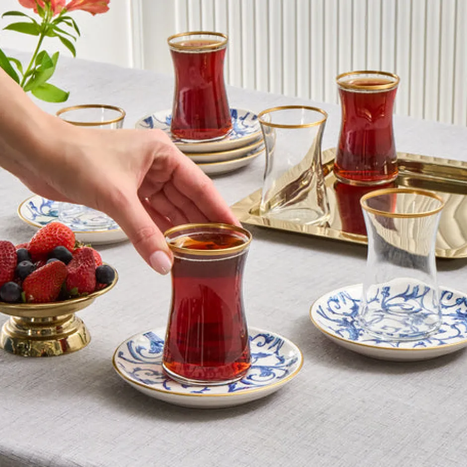 Karaca Teegläser Sets-Mare 12-teiliges Glas-Türkisches Tee-Set für 6 Personen, 170 ml, Transparent Blau01