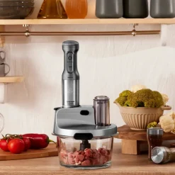 Karaca Küchenmaschine-Mastermaid Küchenroboter aus Stahlglas, Langer Mixer 8 ın 1, 2500 W, Galaxy Grey Galaxıe Grau