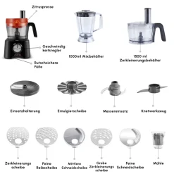 Karaca Küchenmaschine-Mastermaid Power Max 11 in 1 Küchenroboter, Schwarz-Silber Matt, 2500 W Schwarz Sılber
