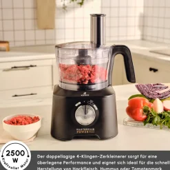 Karaca Küchenmaschine-Mastermaid Power Max 11 in 1 Küchenroboter, Schwarz-Silber Matt, 2500 W Schwarz Sılber