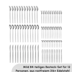 Karaca Bestecksets Für 12 Personen-Mild 84-teiliges 316+ Premium Besteckset für 12 Personen Platın