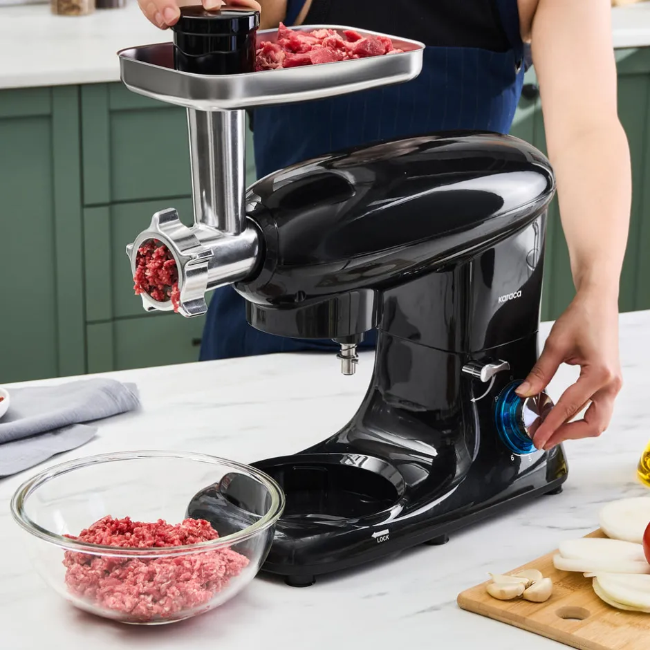 Karaca Küchenchef-Multichef Standmixer Shiny Black Küchenchef 1900 W 5,5 l (mit Hackfleisch-/Sucuk-Wurst-/Fleischklößchenaufsatz)