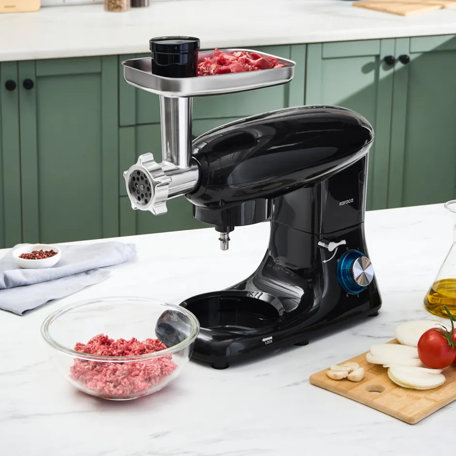Karaca Küchenchef-Multichef Standmixer Shiny Black Küchenchef 1900 W 5,5 l (mit Hackfleisch-/Sucuk-Wurst-/Fleischklößchenaufsatz)