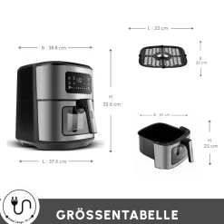 Karaca Heißluftfritteuse - Airfryer-Multifry XXL 7 Liter Airfryer mit digitalem Glasfenster Inox