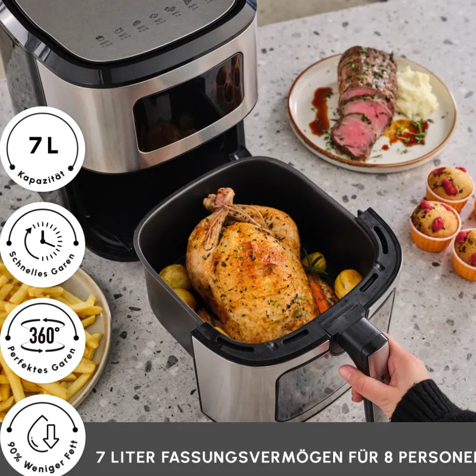 Karaca Heißluftfritteuse - Airfryer-Multifry XXL 7 Liter Airfryer mit digitalem Glasfenster Inox