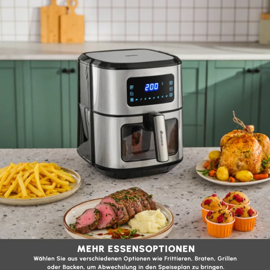 Karaca Heißluftfritteuse - Airfryer-Multifry XXL 7 Liter Airfryer mit digitalem Glasfenster Inox