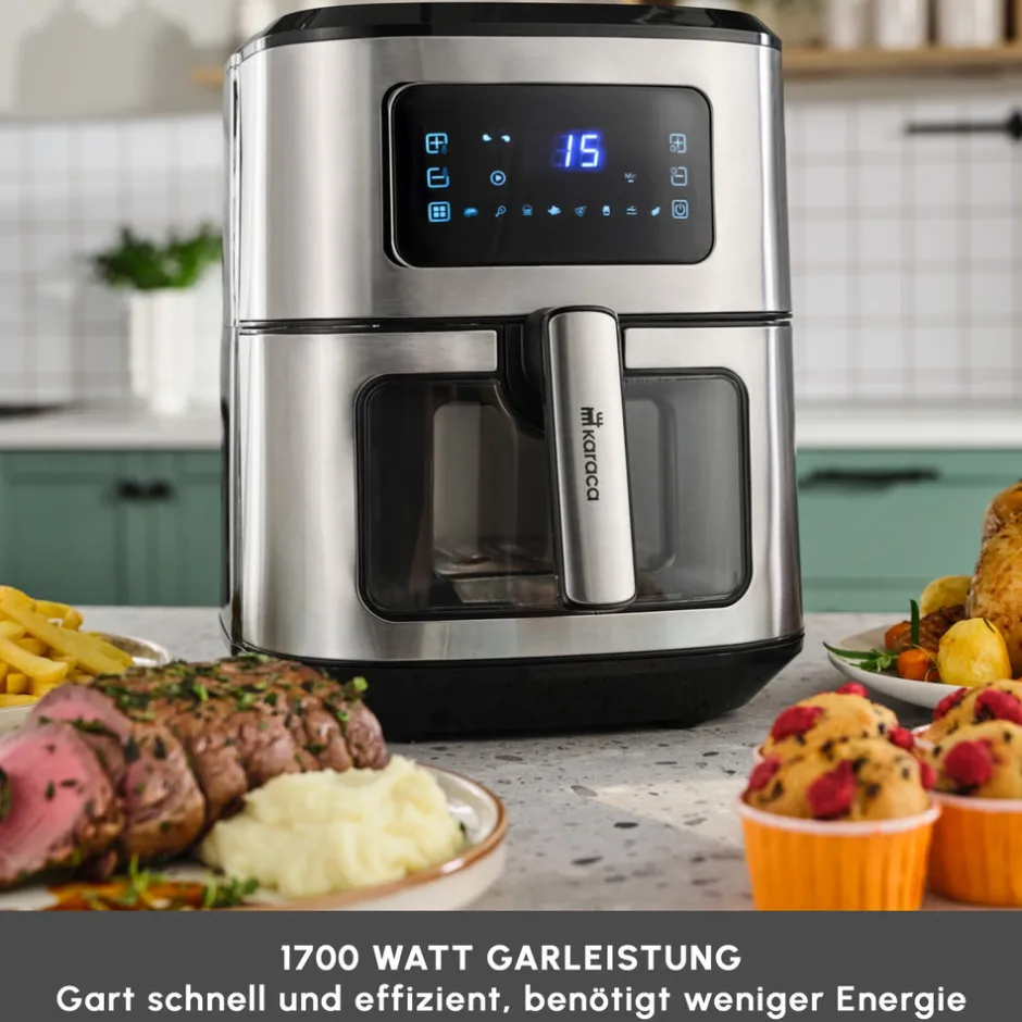 Karaca Heißluftfritteuse - Airfryer-Multifry XXL 7 Liter Airfryer mit digitalem Glasfenster Inox