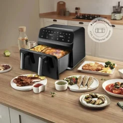Karaca Heißluftfritteuse - Airfryer-Multifry XXXL 9 Liter Airfryer Mit Einer Kammer, Trennwand und Glasfenster Inox
