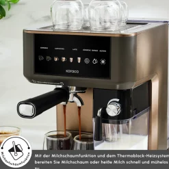 Karaca Espressomaschine|Kaffeemaschinen-MyCaffe Barista S10 Automatische Siebträger Maschine mit integriertem Milchbehälter – Walnut Brown