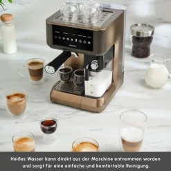 Karaca Espressomaschine|Kaffeemaschinen-MyCaffe Barista S10 Automatische Siebträger Maschine mit integriertem Milchbehälter – Walnut Brown