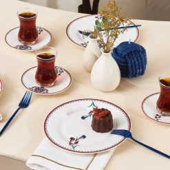 Karaca Frühstücksgeschirr|Kuchenplatte-Nakkaş Dessert-Set für 6 Personen, 18 teilig Multıfarben