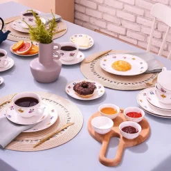Karaca Frühstücksgeschirr|Frühstücksset Für 6 Personen-Natty 6 Personen Frühstücksset und Servierschalen, 26 Teilig, New Generation Bone Multıfarben