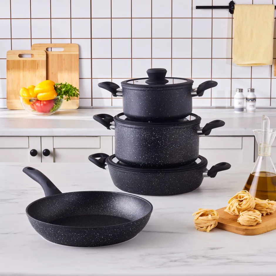 Karaca Granittopf Sets-Nebula, Granit 7-teiliges Kochgeschirr-Set, Induktion, Schwarz Black