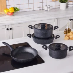 Karaca Granittopf Sets-Nebula, Granit 7-teiliges Kochgeschirr-Set, Induktion, Schwarz Black