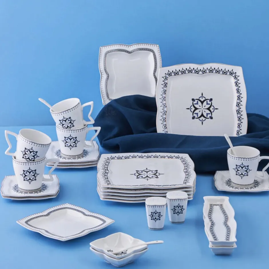 Karaca Frühstücksset Für 6 Personen|Tortenplatte Servierteller Set-New Blau 32 Teil 6 Person Porzellan Frühstück/Service Set Multıfarben