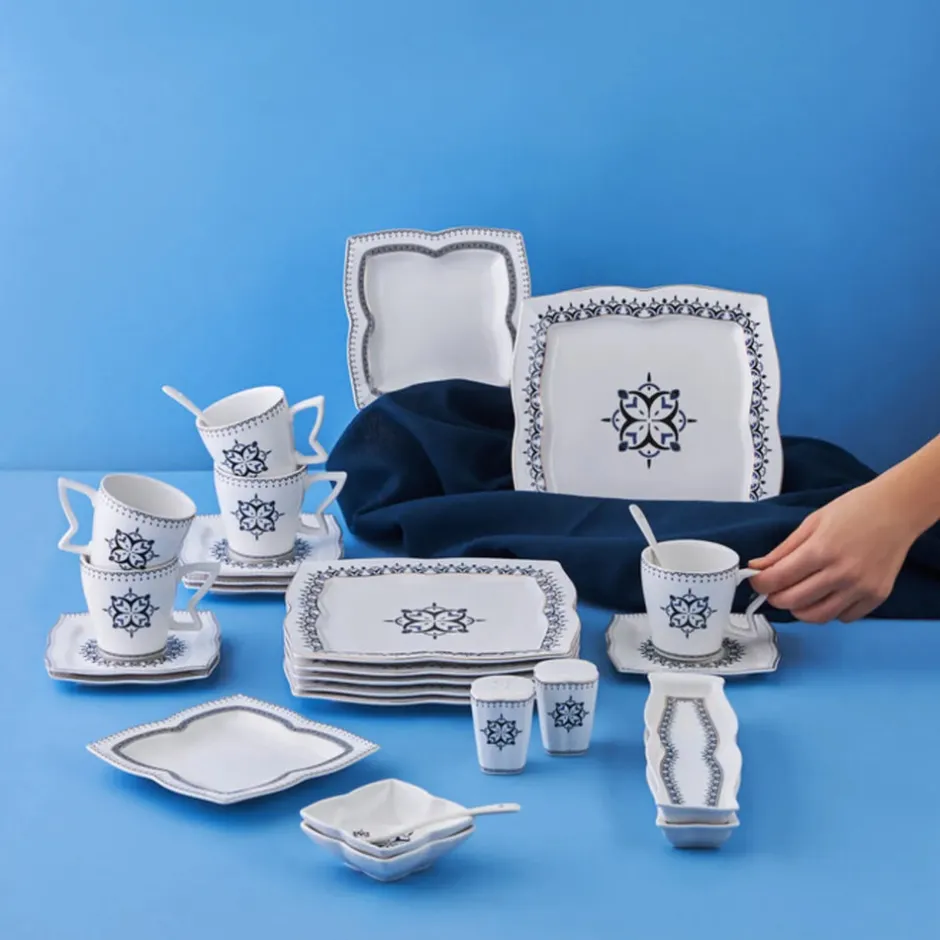 Karaca Frühstücksset Für 6 Personen|Tortenplatte Servierteller Set-New Blau 32 Teil 6 Person Porzellan Frühstück/Service Set Multıfarben