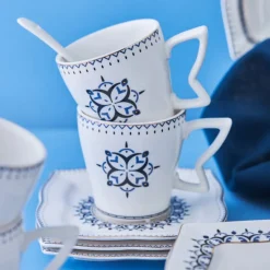 Karaca Frühstücksset Für 6 Personen|Tortenplatte Servierteller Set-New Blau 32 Teil 6 Person Porzellan Frühstück/Service Set Multıfarben