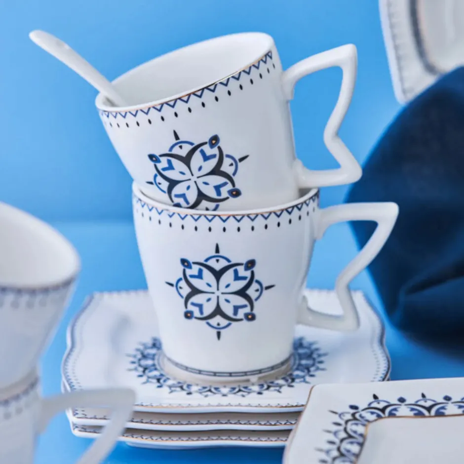 Karaca Frühstücksset Für 6 Personen|Tortenplatte Servierteller Set-New Blau 32 Teil 6 Person Porzellan Frühstück/Service Set Multıfarben