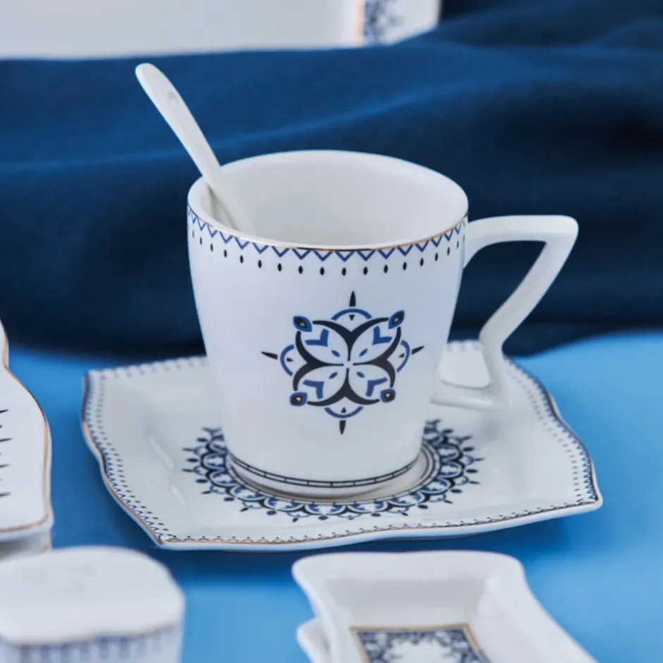 Karaca Frühstücksset Für 6 Personen|Tortenplatte Servierteller Set-New Blau 32 Teil 6 Person Porzellan Frühstück/Service Set Multıfarben