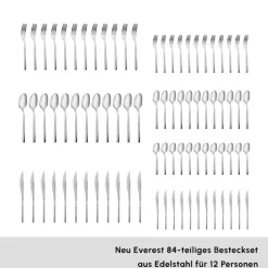Karaca Bestecksets Für 12 Personen-New Everest Elegance Besteckset für 12 Personen, 84-teiliges Platın
