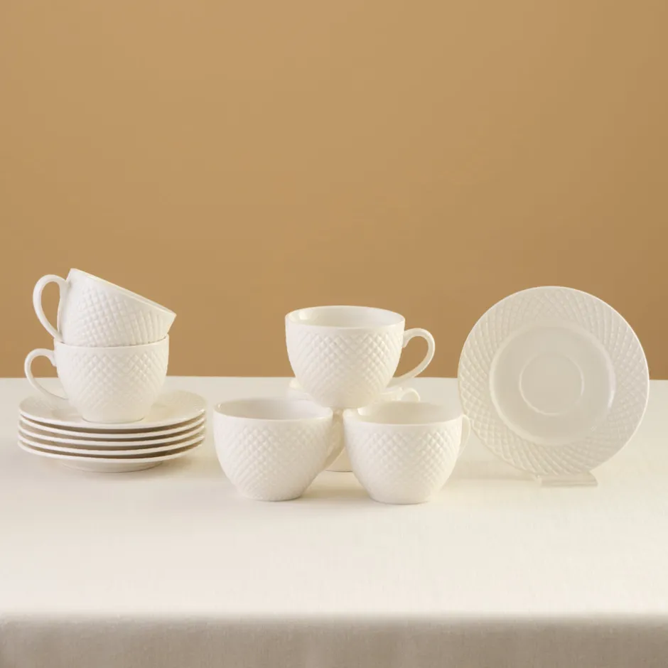 Karaca Teetassen Sets-Nina Embossed Teetassen-Set für 6 Personen, 220 ml Weıß01