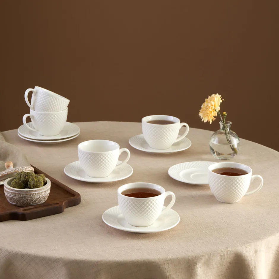 Karaca Teetassen Sets-Nina Embossed Teetassen-Set für 6 Personen, 220 ml Weıß01
