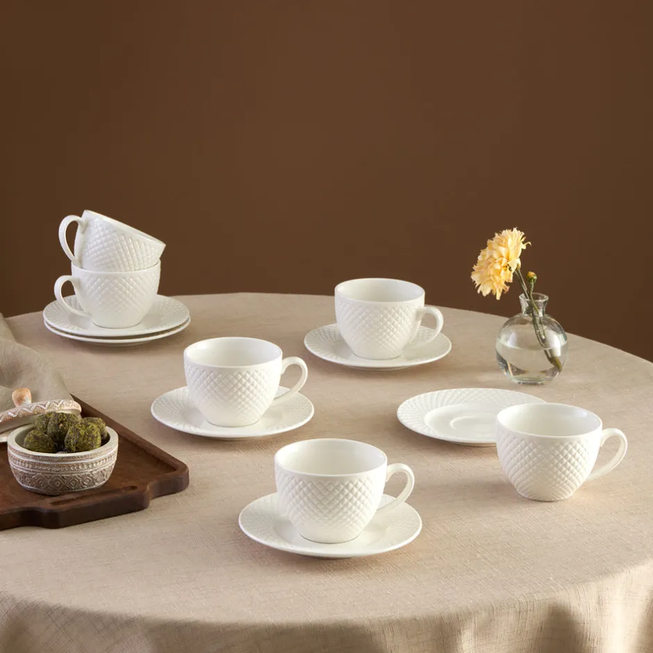 Karaca Teetassen Sets-Nina Embossed Teetassen-Set für 6 Personen, 220 ml Weıß01