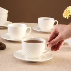 Karaca Teetassen Sets-Nina Embossed Teetassen-Set für 6 Personen, 220 ml Weıß01