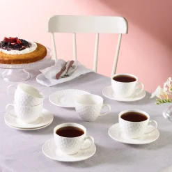 Karaca Teetassen Sets-Nora Embossed Teetassen-Set für 6 Personen, 220 ml Weıß01