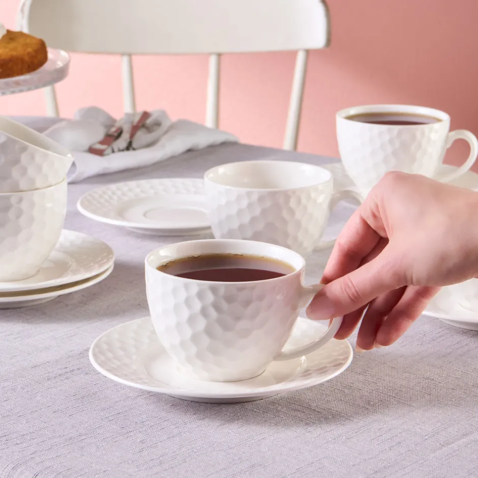 Karaca Teetassen Sets-Nora Embossed Teetassen-Set für 6 Personen, 220 ml Weıß01