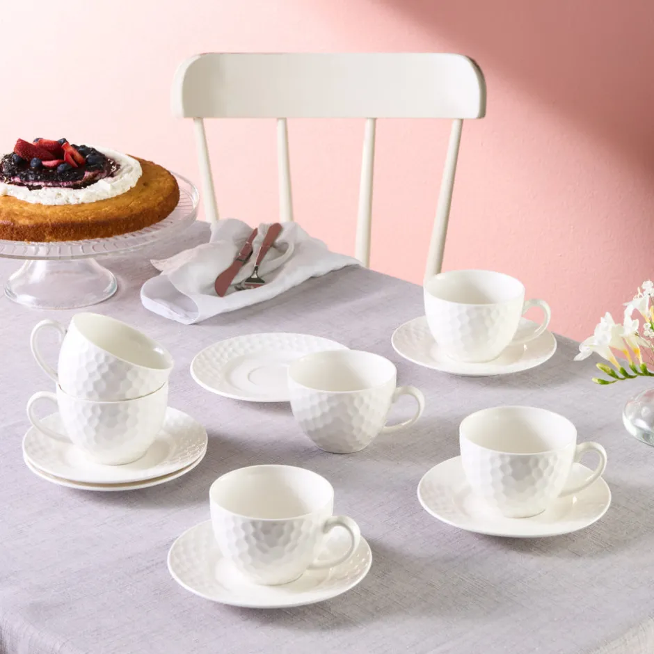 Karaca Teetassen Sets-Nora Embossed Teetassen-Set für 6 Personen, 220 ml Weıß01