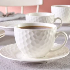 Karaca Teetassen Sets-Nora Embossed Teetassen-Set für 6 Personen, 220 ml Weıß01