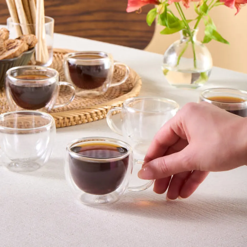 Karaca Mokka & Espressotassen Set-Olivia 6-teiliges doppelwandiges Espresso- und türkisches Kaffeetassen-Set für 6 Personen, 80 ml, Klar