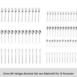 Karaca Bestecksets Für 12 Personen-Orion Platin 12-Personen 84-Teiliges Besteckset Sılver