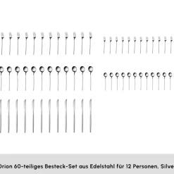 Karaca Bestecksets Für 12 Personen-Orion Silver 60-teiliges Besteckset für 12 Personen Sılver