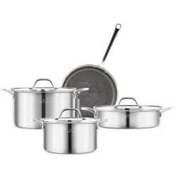 Karaca Stahltopf Sets-3Ply Edelstahl Sparkle 7-teiliges Antihaft-Induktions-Kochgeschirr-Set, Silber Sılber01