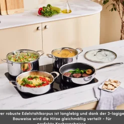 Karaca Stahltopf Sets-3Ply Edelstahl Sparkle 7-teiliges Antihaft-Induktions-Kochgeschirr-Set, Silber Sılber01