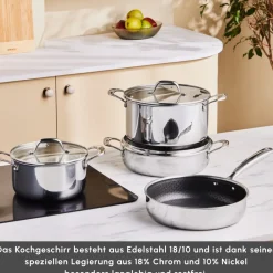 Karaca Stahltopf Sets-3Ply Edelstahl Sparkle 7-teiliges Antihaft-Induktions-Kochgeschirr-Set, Silber Sılber01