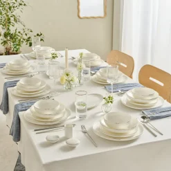 Karaca Tafelservice Für 12 Personen-Red Carpet Collection Stream Bone Merope 53-teiliges 12-Personen Geschirrset Platin Platın