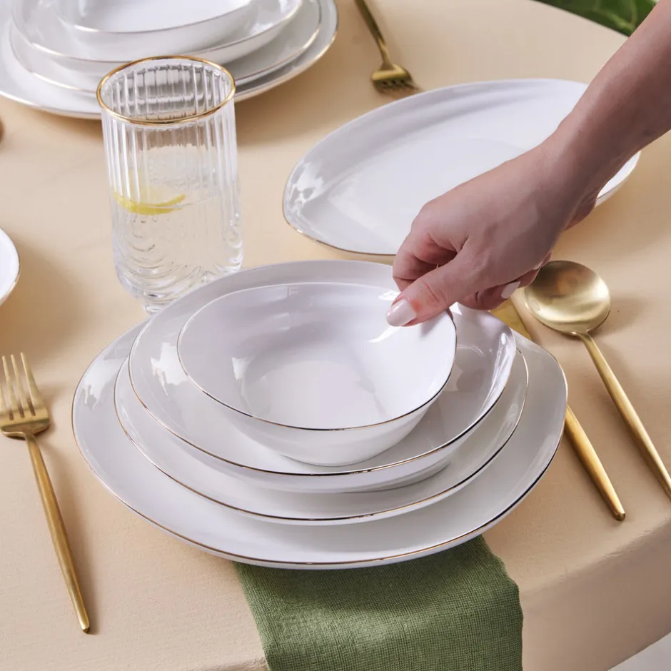 Karaca Tafelservice Für 12 Personen-Red Carpet Collection Stream Bone Yakamoz 59-teiliges 12-Personen-Geschirrset Gold