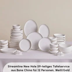 Karaca Tafelservice Für 12 Personen-Red Carpet Collection Streamline New Hole Geschirrset, 59 Teilig, New Generation Bone Gold
