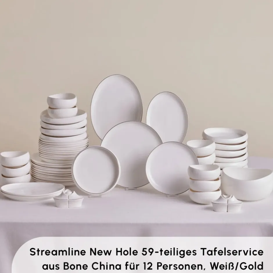 Karaca Tafelservice Für 12 Personen-Red Carpet Collection Streamline New Hole Geschirrset, 59 Teilig, New Generation Bone Gold