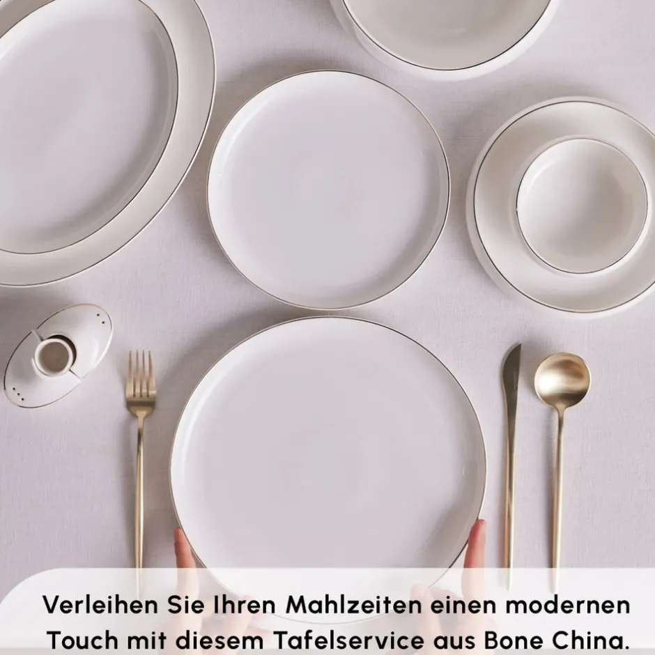 Karaca Tafelservice Für 12 Personen-Red Carpet Collection Streamline New Hole Geschirrset, 59 Teilig, New Generation Bone Gold