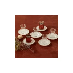 Karaca Teegläser Sets-Retro Beige Teeservice für 6 Personen Rot02