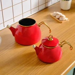 Karaca Teekannen-Retro Emaille Teekannen- Set Rot Rot02