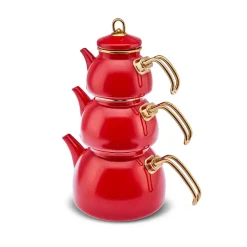 Karaca Teekannen-Retro Emaillierte Teekanne, 3 Teilig, Rot Rot02