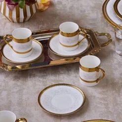 Karaca Mokka & Espressotassen Set-Royal Bone Charlotte Kaffeetassenset für 6 Personen, 90 ml Weıß Gold