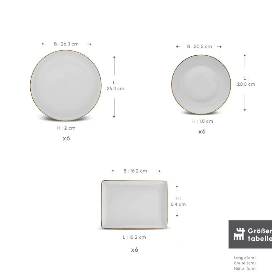 Karaca Tafelservice Für 6 Personen-Santo für 6 Personen Geschirrset 18 Teilig, New Generation Bone, Weiß Gold